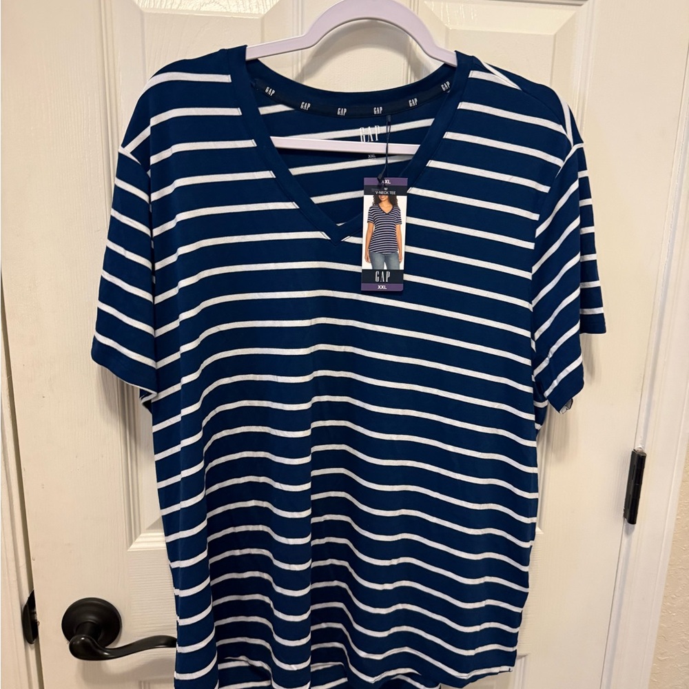 GAP Blue and White Striped V-Neck Tee